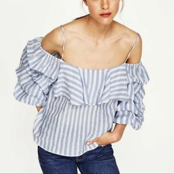 Zara blue white striped strappy off the shoulder woven top 5534 - Picture 1 of 9